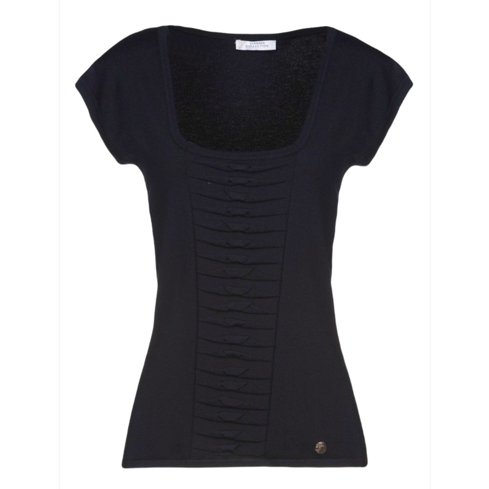 Versace Collection Lightweight Navy Blue Capped Sleeve Top Size 46 NWT!
